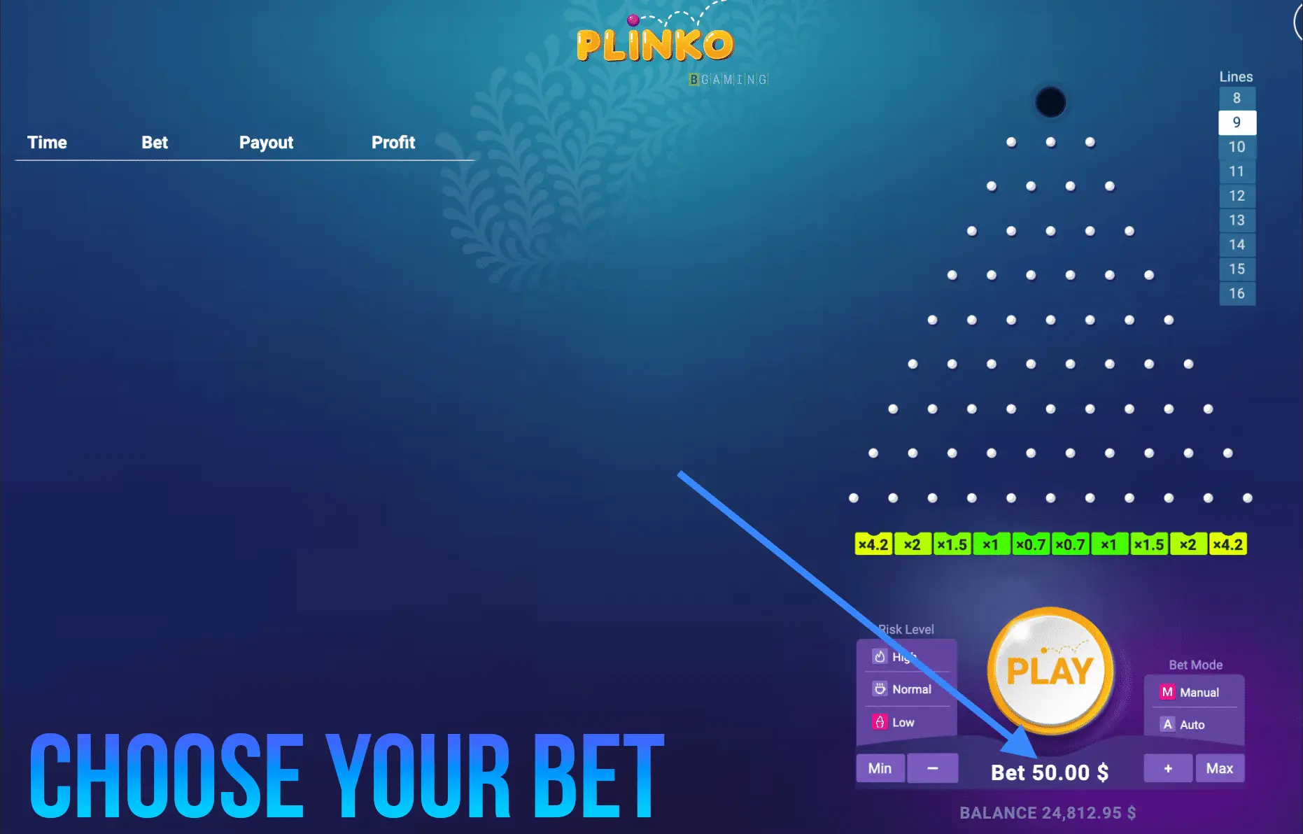 Elegí tu apuesta en Plinko